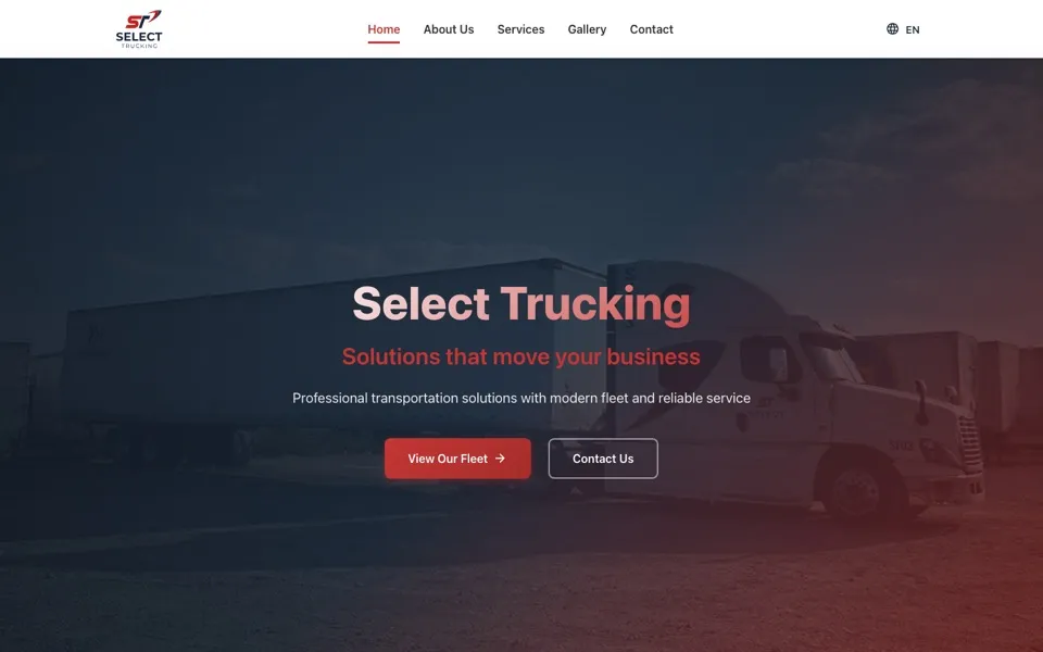 Página de inicio del sitio web de Select Trucking